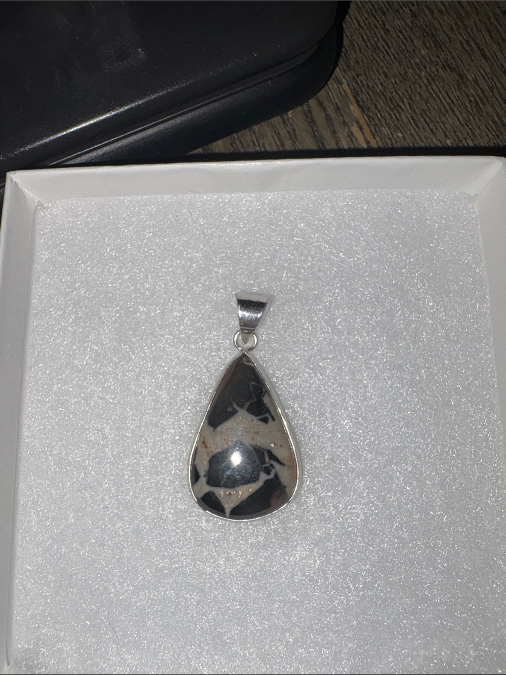 Sterling Silver plated Teardrop Black and Cream Stone Pendant